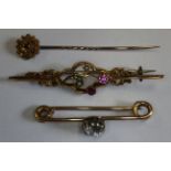 A 9ct gold and paste set bar brooch, 2.4g, a 9ct gold, seed pearl and paste set bar brooch, 1.8g,