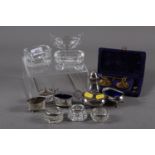 A silver three-piece cruet with two glass liners, 2oz troy approx, a silver plated three-piece