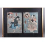 A pair of Japanese colour woodblock prints, actors, in common frame