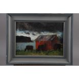 Steve White: acrylic on board, "Black cattle, black cloud", 8" x 11", in painted frame, and Patricia