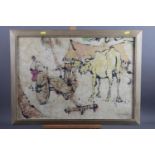 Yew Seng: two batik/wax resist panels, Indonesian scene with cow and cart, and coastal scene with
