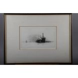 Harold Wylie: an etching, two ships at a dock, in Hogarth frame