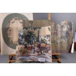 A folio containing a contemporary oil on canvas of a Parisian scene, similar watercolours and