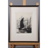 George Soper: an etching, "Fishing Boats, Whitby", in ebonised frame