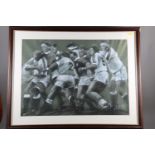 Jenny Brooks, '93: pastels, rugby line out, 20" x 29", in strip frame, and a companion, rugby scrum,