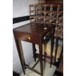 A mahogany and decorated occasional table, fitted one drawer, 15" square x 30 1/2" high, and a