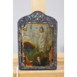 A Russian Orthodox miniature icon, in white and gilt metal cloisonne frame, 5" x 3 1/4" overall (