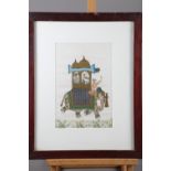 An Indian watercolour on silk of an elephant, 6 1/2" x 9 3/4", in wooden strip frame, and another