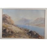 E Tucker: a 19th century watercolour landscape with lake, shepherd and sheep, 12 3/4" x 18 1/2",