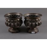 A pair of French silver plated pedestal jardinieres, by C Pillet, with embossed decoration, 9" high