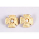 A pair of Poggi Paris gilt cross and faux pearl set ear clips