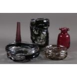 A Whitefriars "knobbly" coloured glass cylinder vase, 8 1/2" high, two "knobbly" shallow bowls and