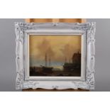 David Short: oil on board, evening harbour scene, 8" x 10", in grey painted frame
