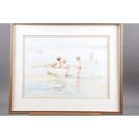 Rhoda Kelleway: watercolours, "Summer at Bembridge" children playing in a boat, 10 1/2" x 14 1/2",