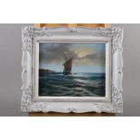 David Short: oil on board, boat sailing out, 8" x 10", in grey painted frame