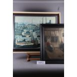 Two Lowry prints, an Adrian George “After the Costume Party” poster, in silvered frame, an