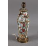 A Canton baluster vase with figure, bird and flower decoration, 12" high overall (damages and now