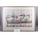 A set of four prints, sections from the Bayeux tapestry, in stained frames, and two other prints