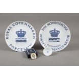 A pair of dealers/retailers Royal Copenhagen plates, 10" dia, five Copenhagen porcelain retail