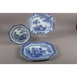 A Chinese blue and white bamboo peony and rock decorated plate, 11" dia, a larger similar meat plate