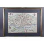 Two colour prints after Cecil Aldin: in strip frames, a reproduction map of Exeter and a sketch of a