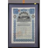A Brazil Railway Company £100 share certificate, in ebonised strip frame
