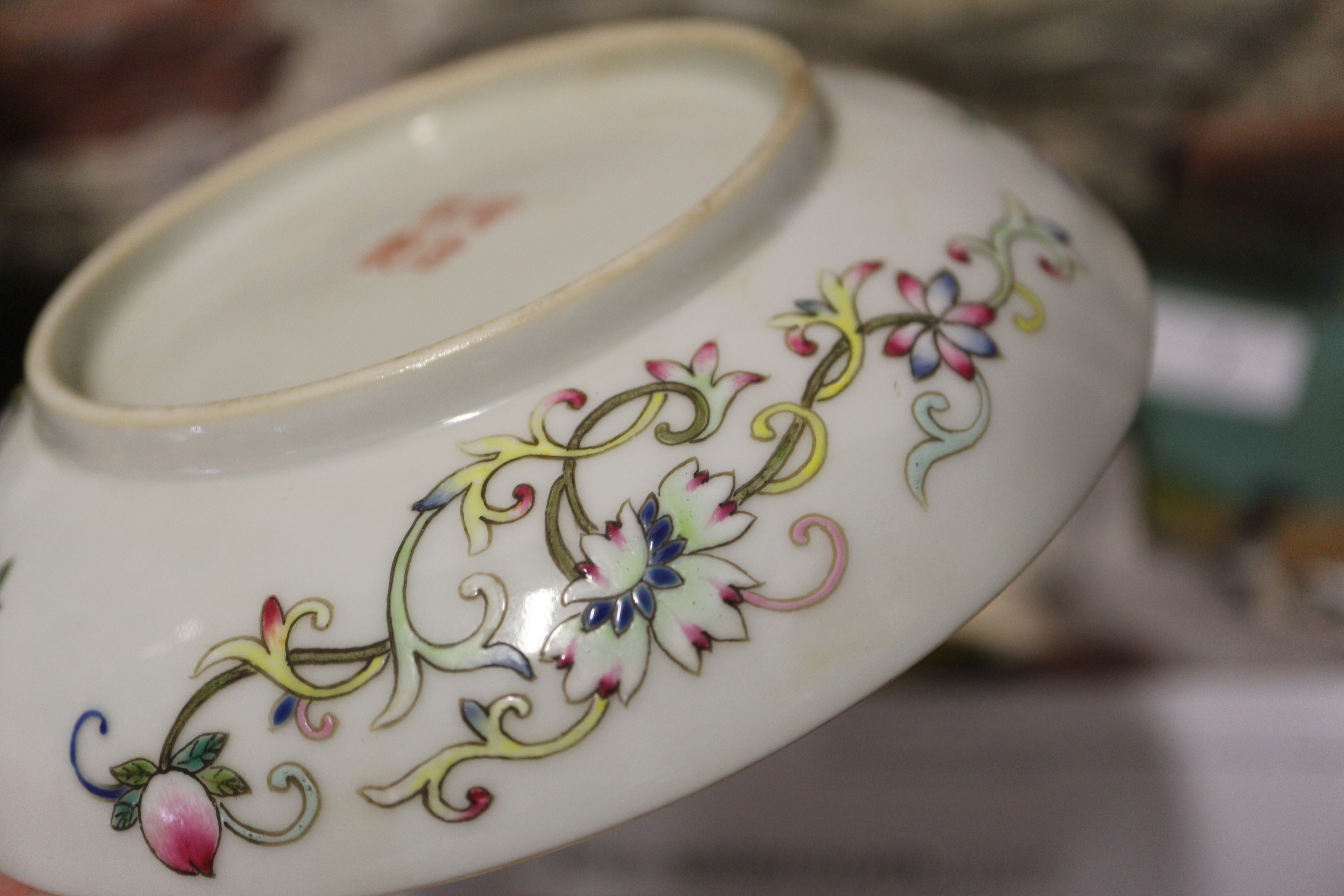 A Chinese dish decorated character and butterflies and reverse decorated with flowers, four- - Image 12 of 14