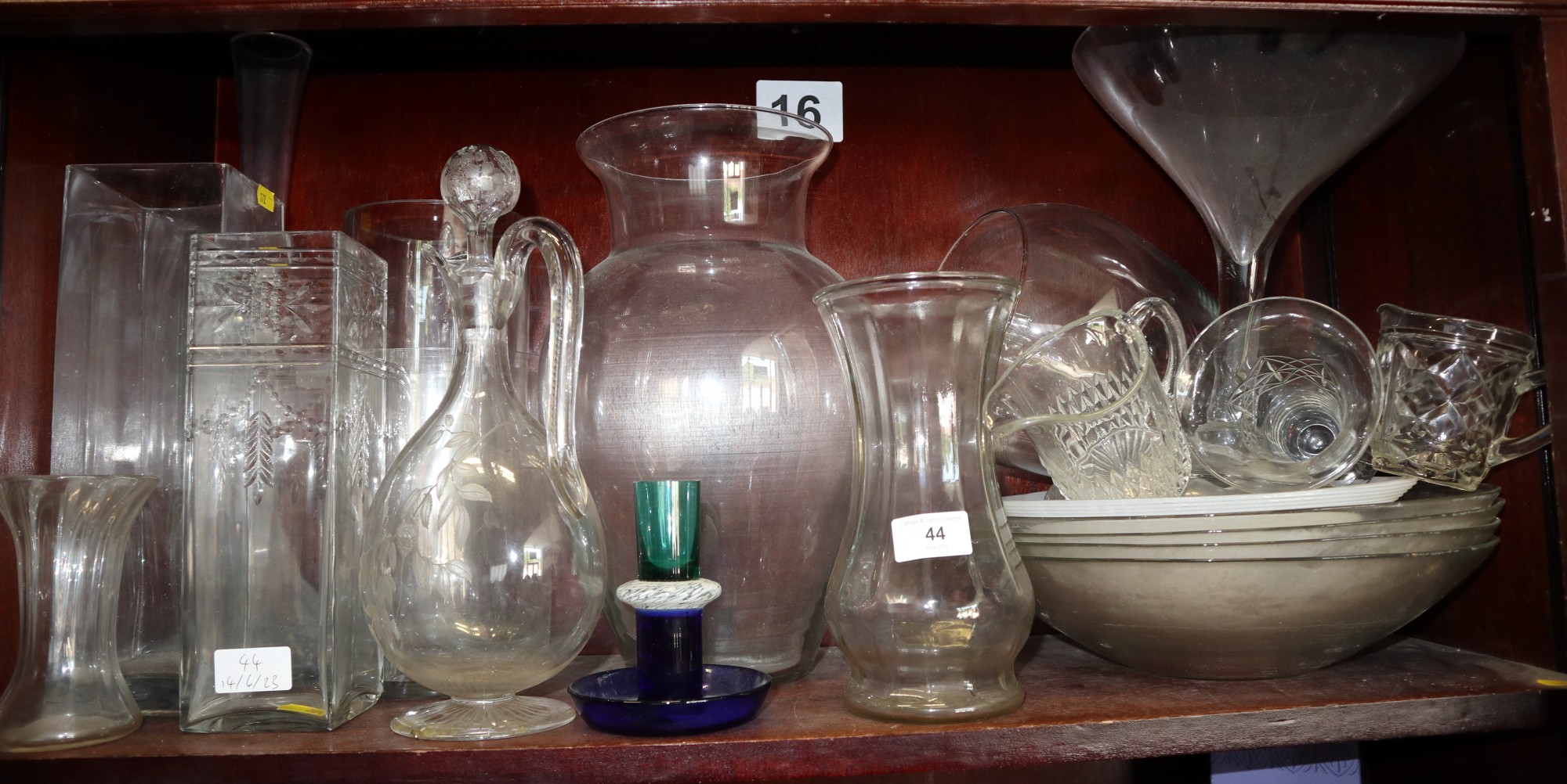 A quantity of mostly clear glass vases, jugs and bowls, including a jug and stopper with etched - Image 2 of 3