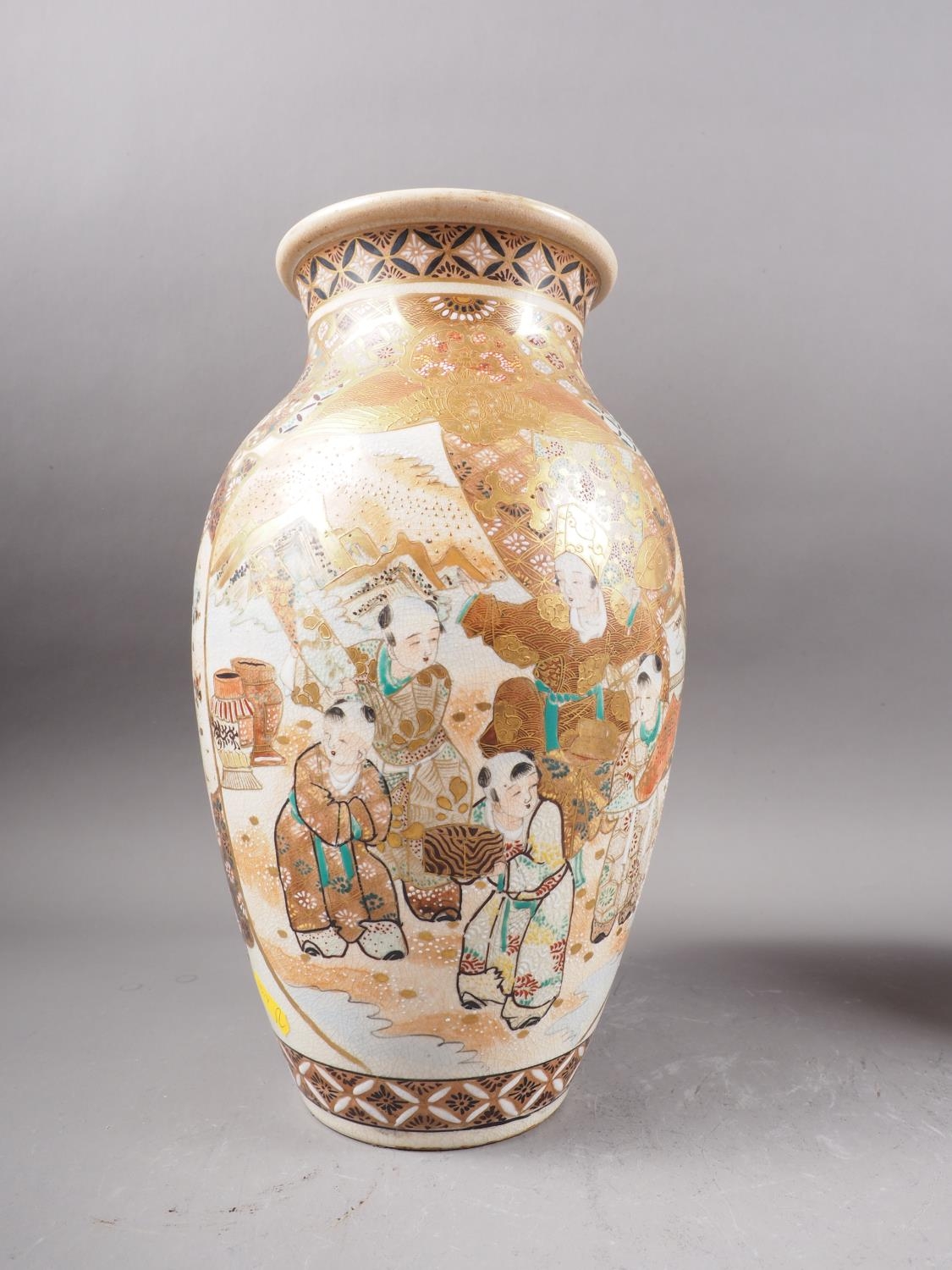 A Japanese satsuma bulbous flared rim vase with figure and flower decoration, 16" high, a similar - Image 3 of 13