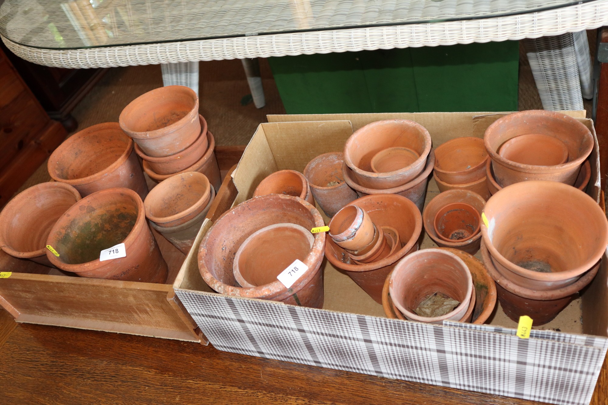 An assortment of 19th century and later terracotta pots, various sizes ranging from 2" high to 6 1/