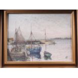 Jens Sinding Christensen: oil on canvas, Harbour Scene with fishing boats, 11 1/2" x 15 1/2", in
