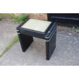 A 1930s black lacquered and chrome mounted box seat piano stool, 20" wide x 14" deep x 21" high