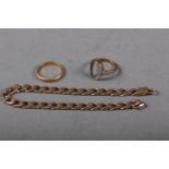 A 9ct gold ring shank, 1.8g, a yellow metal curb link bracelet, 12.3g, and an 18ct gold wedding