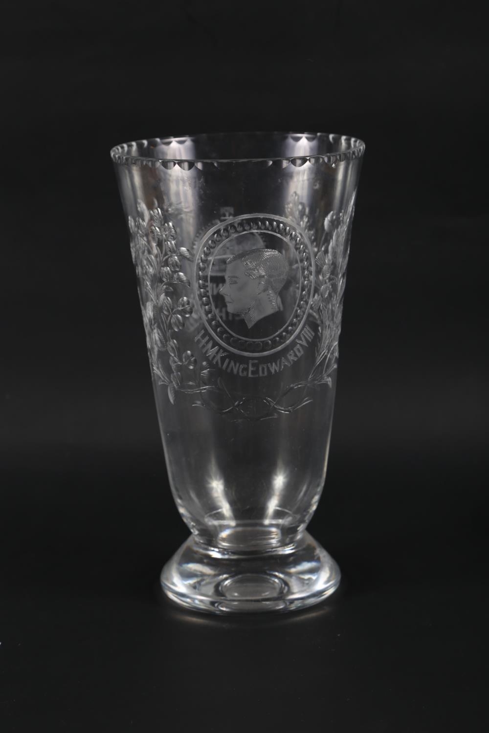 A Webb Edward VIII 1937 Coronation tapered glass vase with hand engraved decoration, 10 1/2" high