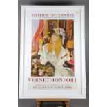 A French gallery poster, "Vernet-Bonfort", in white strip frame, a map of Devonshire and a print