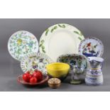 A quantity of Continental pottery, including a Stedav Assisi majolica type dish with butterfly and