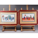 A pair of Chinese watercolours on pith paper, figure scenes, 6 1/2" x 11", in red and gilt decorated