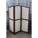 A mahogany three-fold shape top screen, panels 18" wide x 60" high