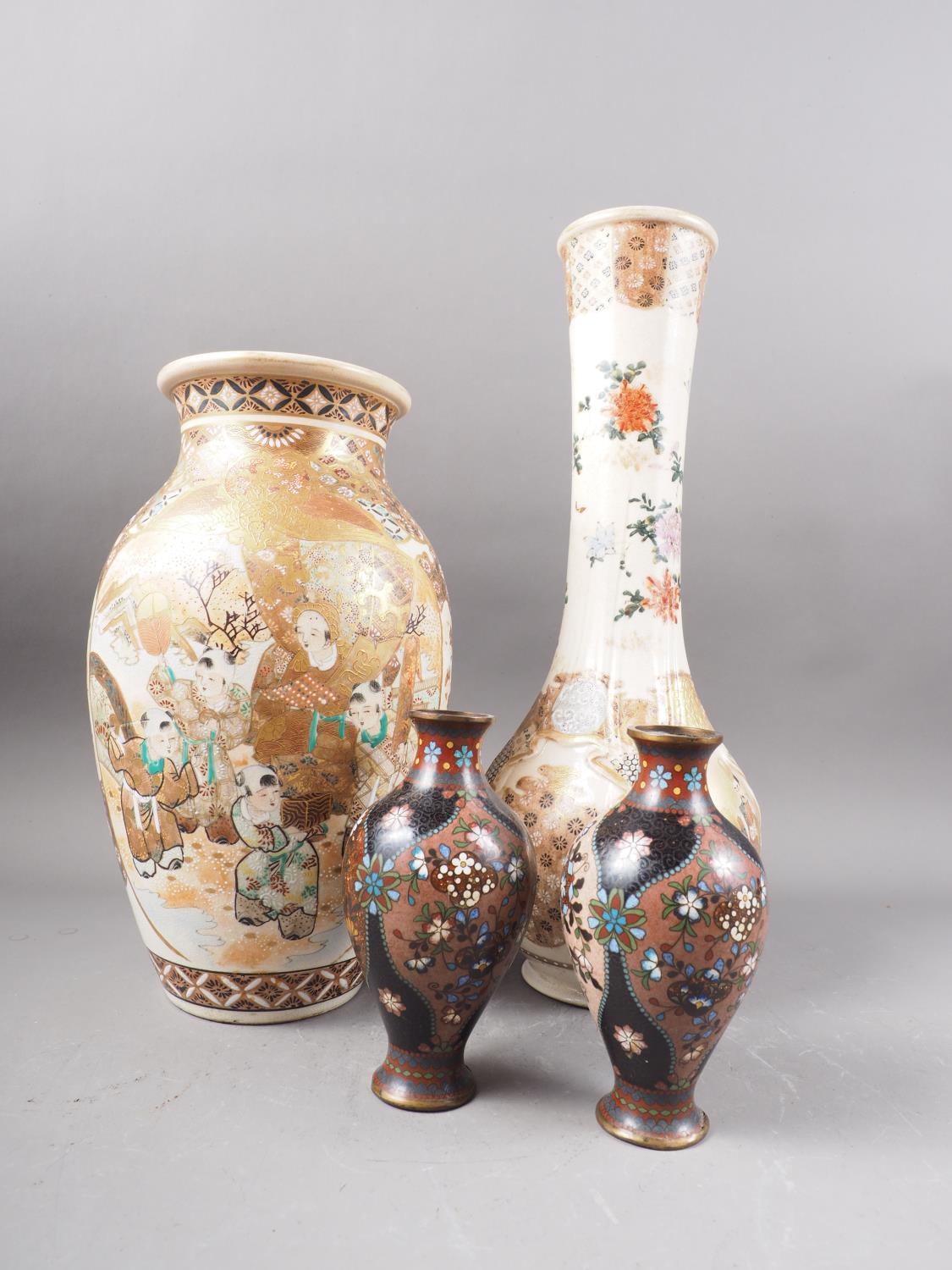 A Japanese satsuma bulbous flared rim vase with figure and flower decoration, 16" high, a similar