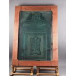 A James H Tucker etched glass window panel, 29 1/2" x 19 1/2", in stained wooden frame