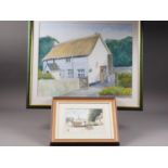 Chris Wilson: watercolour study, Kings Nympton and a watercolour of a cottage, in strip frames