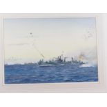 E Tufnell: watercolours, HMS Hermione 1941, 10" x 14", in wash lined mount and Hogarth frame