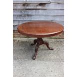A mahogany circular tilt top dining table, on turned column and tripod splay supports, 39" dia x