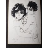 Moshe Gat: pen and ink sketch, two children, 26" x 18 1/2", in silvered frame