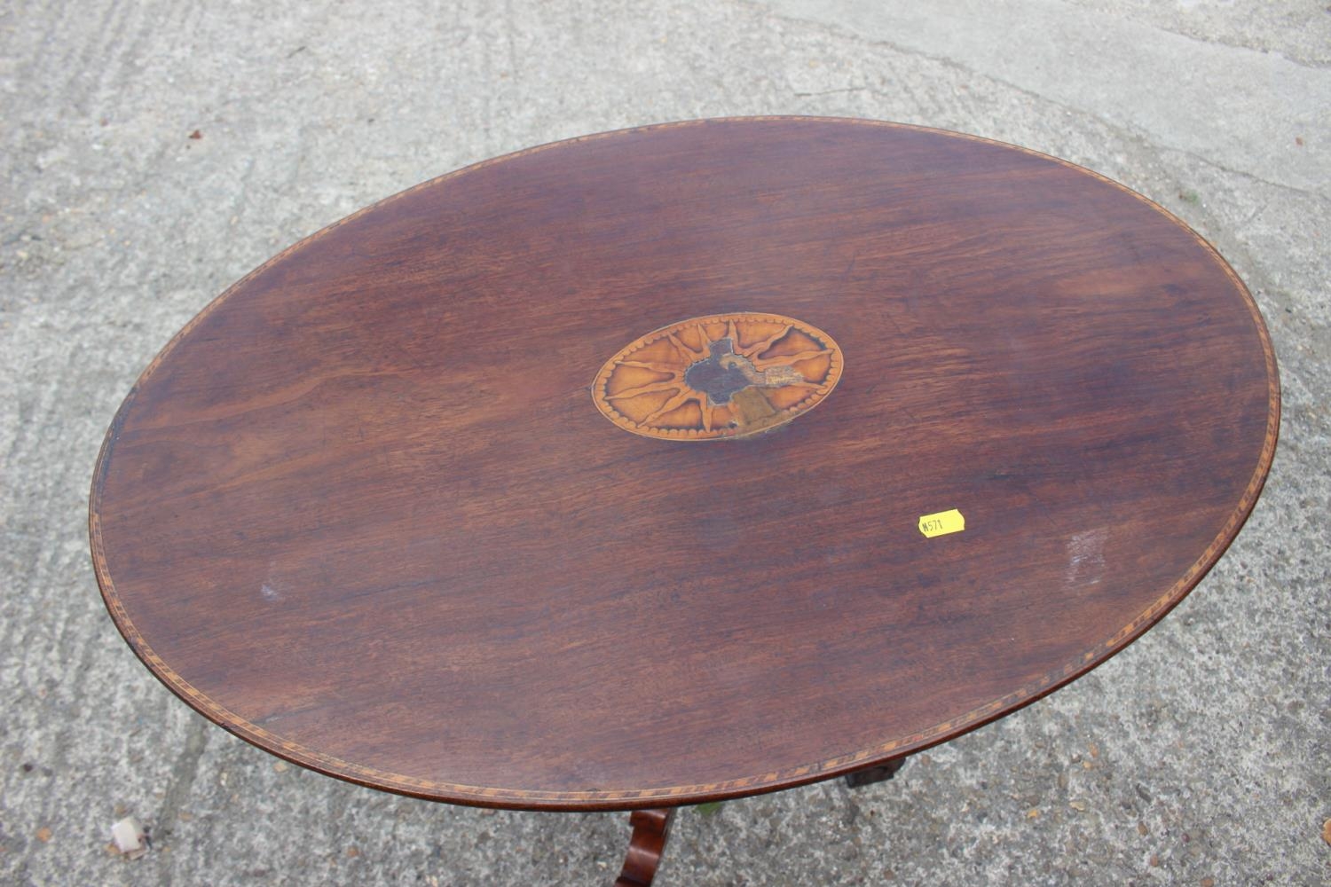 A late 19th century walnut and inlaid oval top occasional table, on turned column and tripod - Image 2 of 2