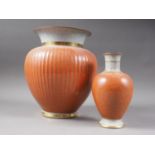 A Royal Copenhagen orange crackle glazed vase (212/3032), 7" high, another similar larger bulbous