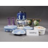 A Wedgwood jasperware biscuit barrel, two jasperware boxes and covers, and other decorative ceramics