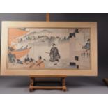 A 19th century Japanese woodblock triple-panel, figure arriving at samurai's house