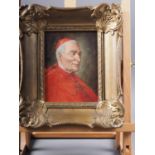 An oil on board head and shoulders portrait of a cardinal, 6 1/2" x 5", in ornate gilt frame