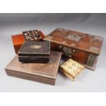 An oak, brass and copper banded hinged box with carry handles, 16" wide, an oak desk tidy, on